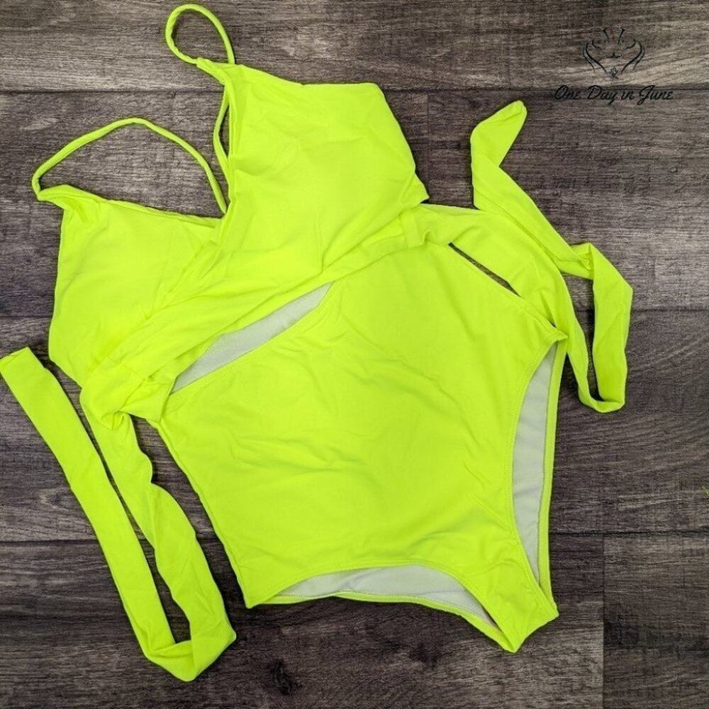 Neon Yellow One-Piece Swimsuit - Sleek Tie-Back Design